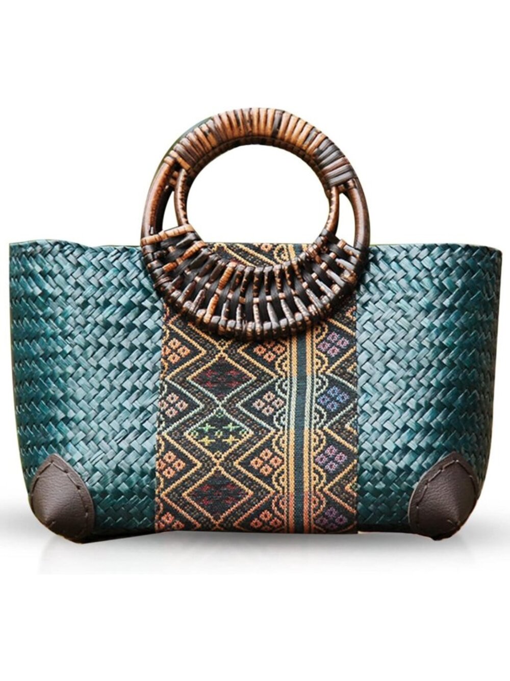 Handmade Rattan Beach Bag, Boho Straw Tote with Round Bamboo Handle, Large